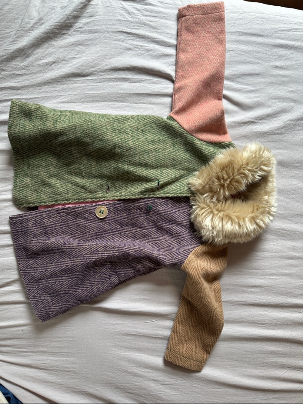 Pink Chicken Green and Purple Herringbone Coat with Faux Fur Trim